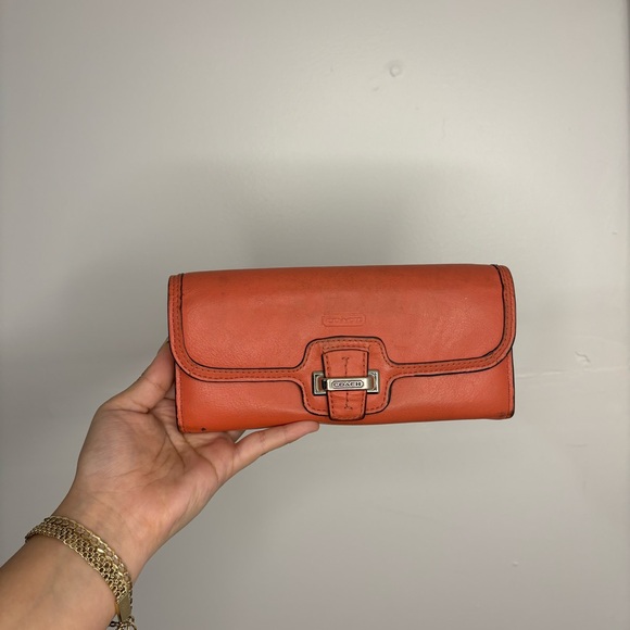Coach Handbags - Coach Top Stitched Bifold Wallet Womens Leather Peach Coral Snap